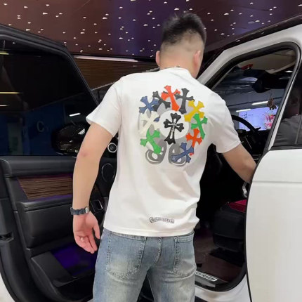 欧洲站潮牌新款后背彩色十字架印花短袖男夏季气质修身半袖t恤衫