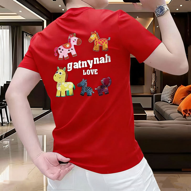 高品质卡通印花短袖T恤男士红色圆领潮流时尚夏季凉感半截袖上衣