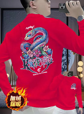 今年新款国潮风复古花朵蛇印花红色卫衣男是秋冬季帅气长袖男高级