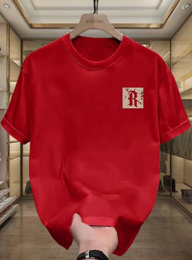 潮牌男装新款美式复古字母印花红色短袖t恤男生百搭半袖上衣体恤