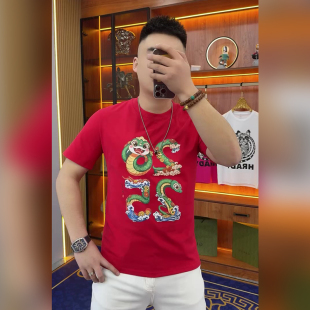 2025年新款潮牌中国风国潮印花短袖t恤男士修身红色半袖上衣体恤