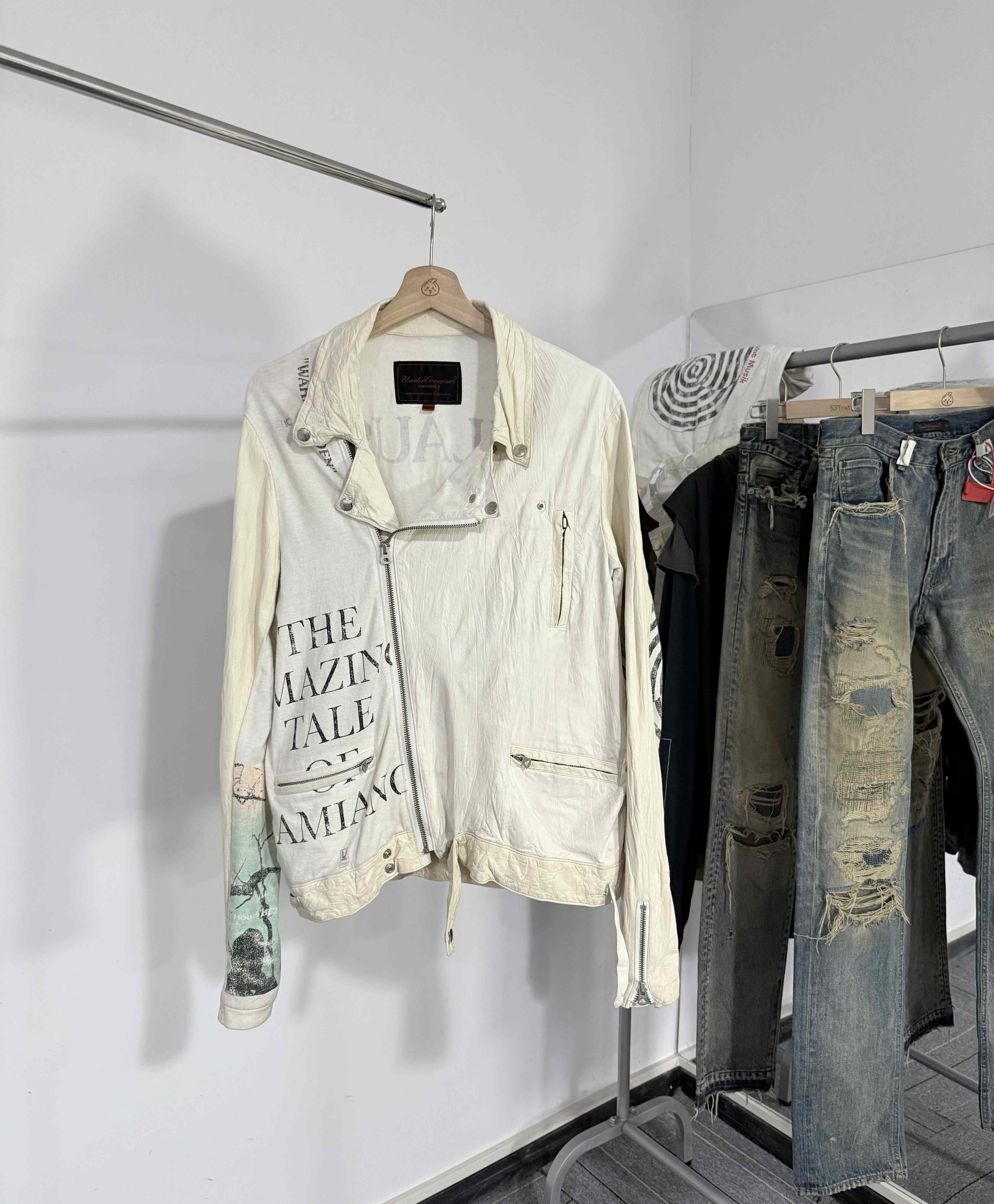 thumbnail for (Slight flaw) Undercover 06ss T issue "Klaus" band yellow-and-white patchwork zip-up leather jacket
