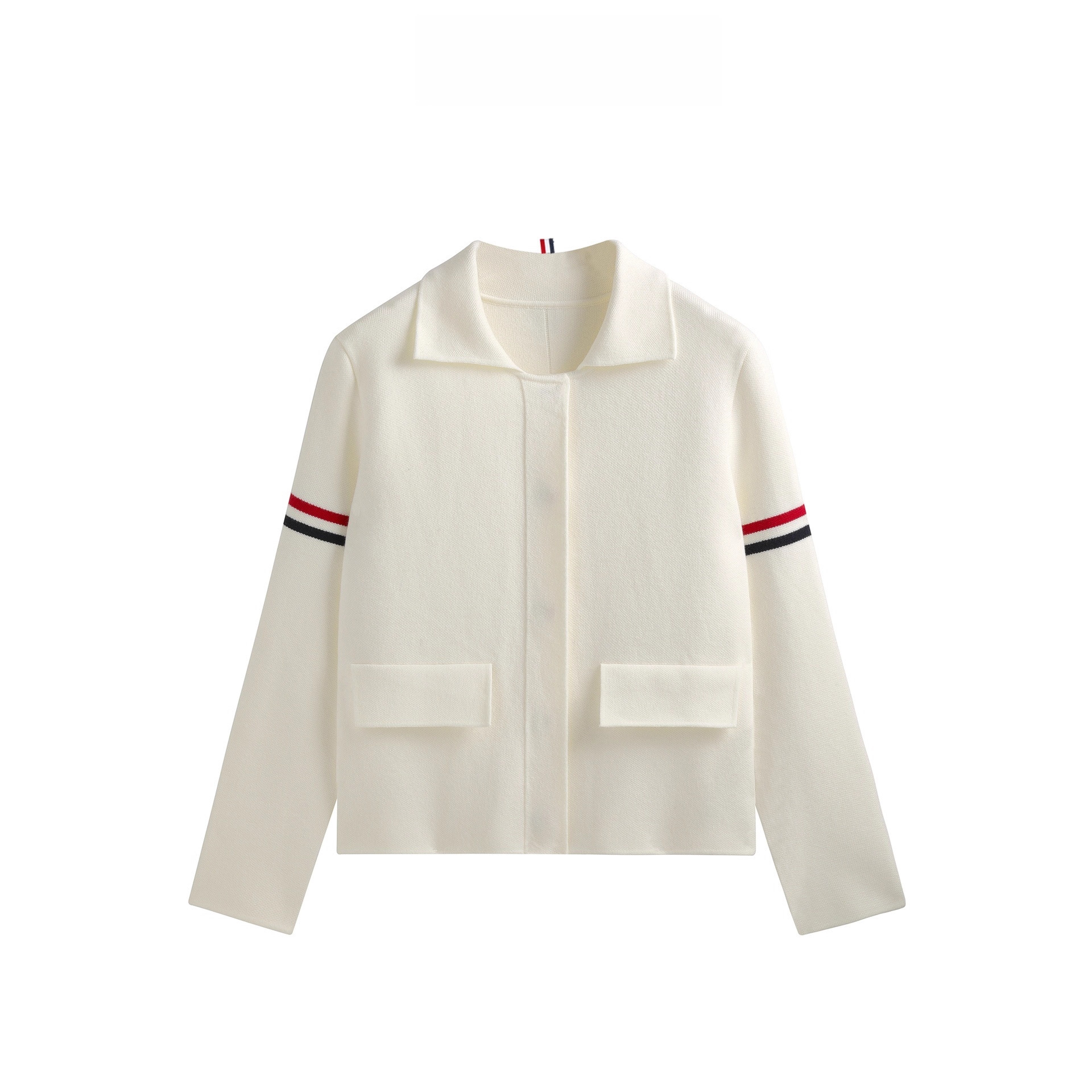 重工设计感纯色西装领双袖彩色杠假口袋针织开衫毛衣外套