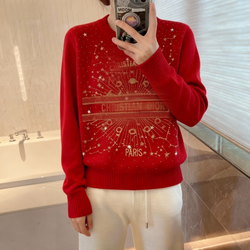 2025年秋冬D新款字母重工刺绣长袖圆领套头宽松百搭女针织毛衣