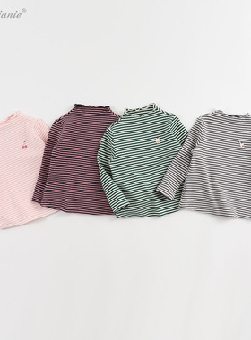 VP断码清仓】马克珍妮女童条纹半高领打底衫春装宝宝纯棉T恤19370