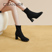 千百度女鞋 瘦瘦靴高跟靴通勤 新款 黑色时装 靴显瘦弹力袜靴秋季