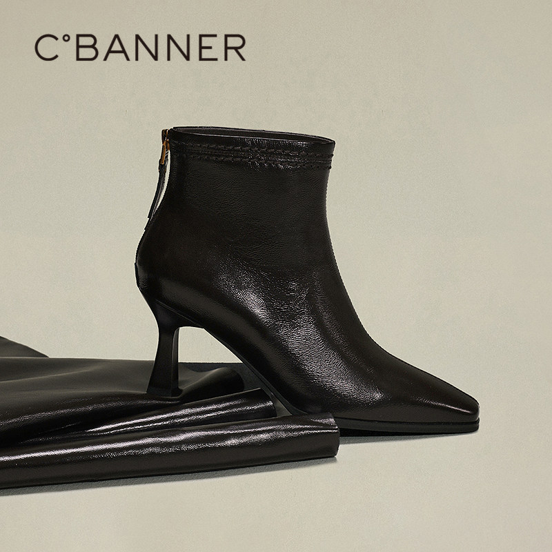 千百度粗高跟羊皮靴女2025秋冬新款时装靴通勤尖头显瘦法式短靴子