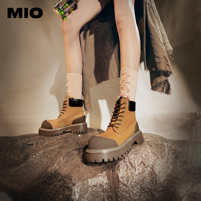 MIO米奥冬靴工装拼接机车靴厚底短靴加绒马丁靴女靴