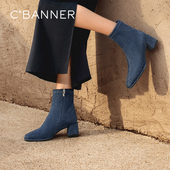 千百度时尚 靴洋气小短靴显瘦气质女鞋 瘦瘦靴新款 秋冬粗跟时装