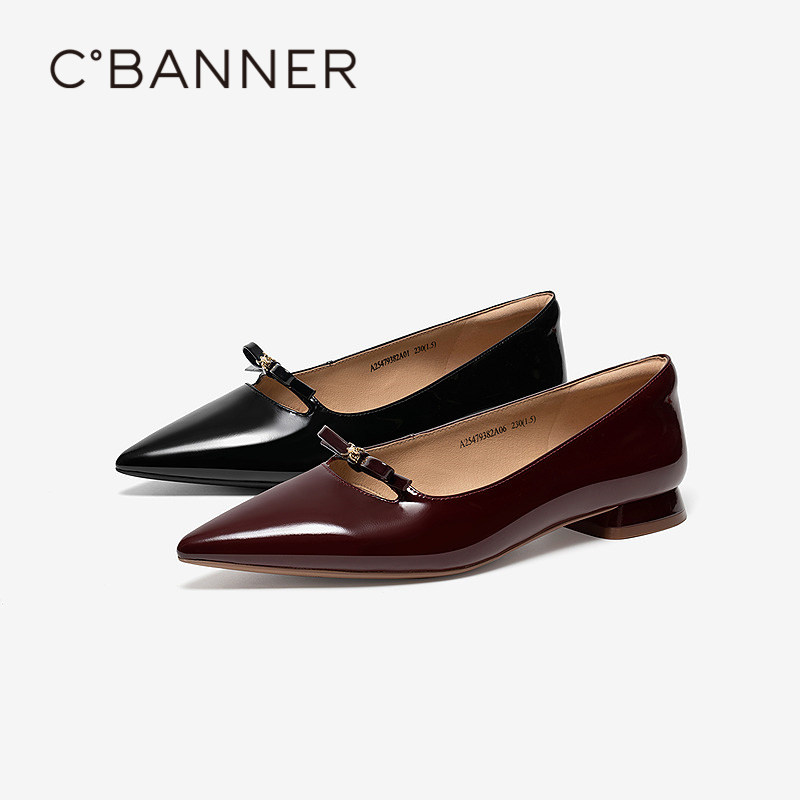 千百度低跟漆皮蝴蝶结浅口单鞋女2025秋季新款正装通勤真皮晚晚鞋