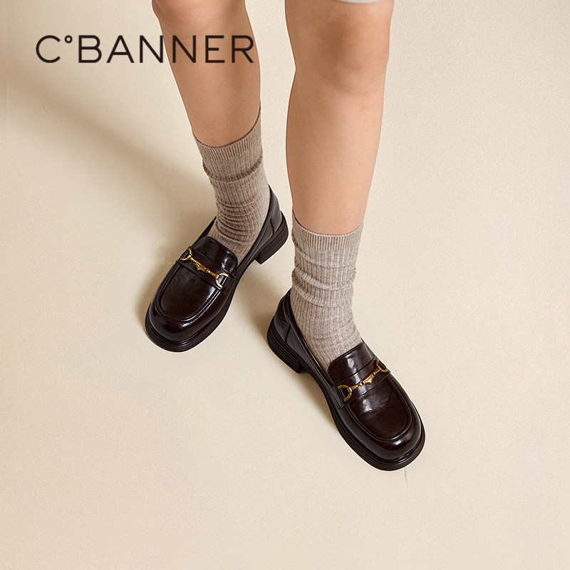 千百度真皮中跟乐福鞋女款2025秋季新款通勤小皮鞋复古深口单鞋