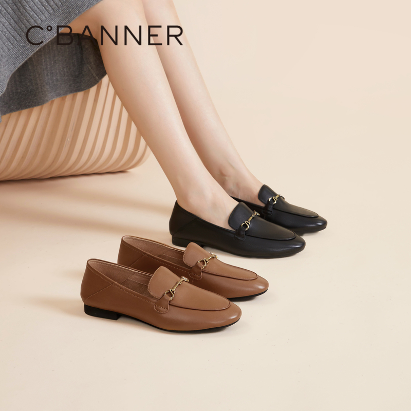 千百度羊皮平底乐福鞋女