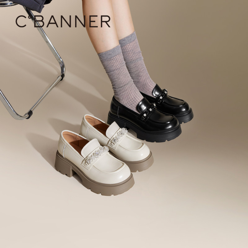 千百度钻饰厚底乐福鞋女款秋季新款增高英伦风小皮鞋一脚蹬百搭