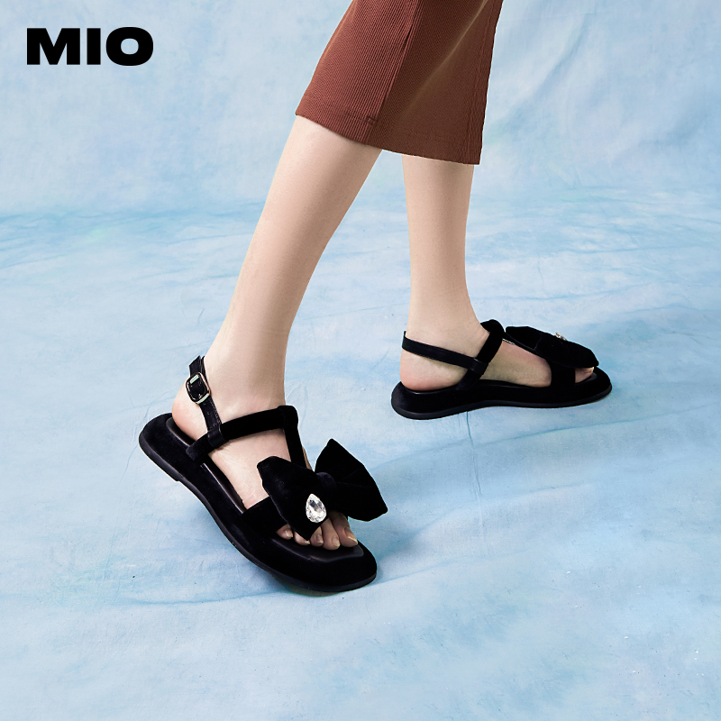 【徐璐同款】MIO米奥夏季纯色中跟凉鞋水滴钻饰蝴蝶结凉鞋女鞋