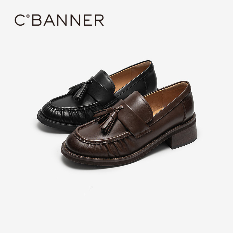 千百度流苏褶皱中跟乐福鞋女2025秋季新款厚底牛皮深口单鞋小皮鞋