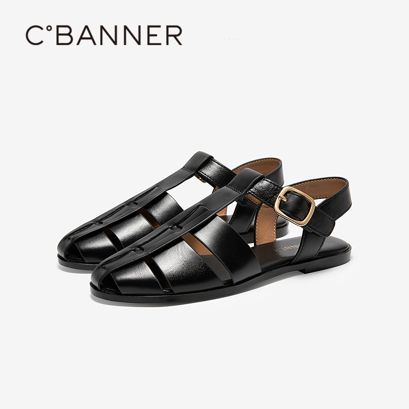 千百度编织罗马凉鞋女款夏季新款真皮平底休闲配裙子舒适凉鞋