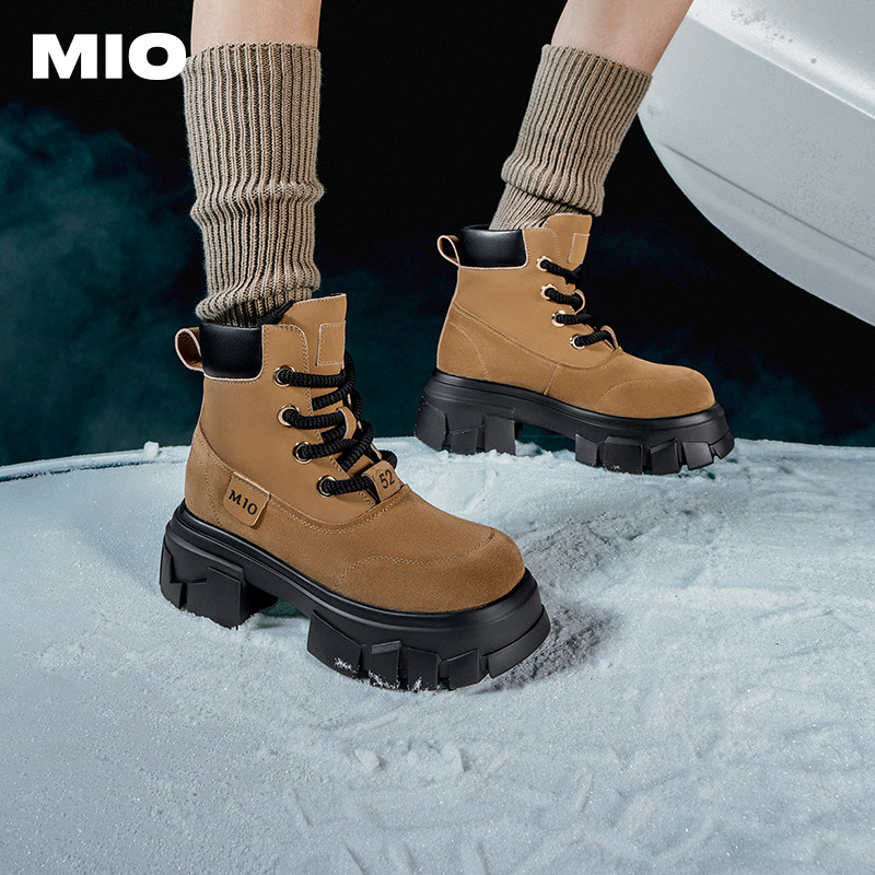 MIO米奥冬季圆头高跟酷感马丁靴户外潮流拼接厚底工装靴女