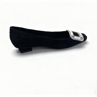 RV高端方头浅口绒面水钻方扣低跟时装 时髦百搭大小码 通勤女鞋 单鞋