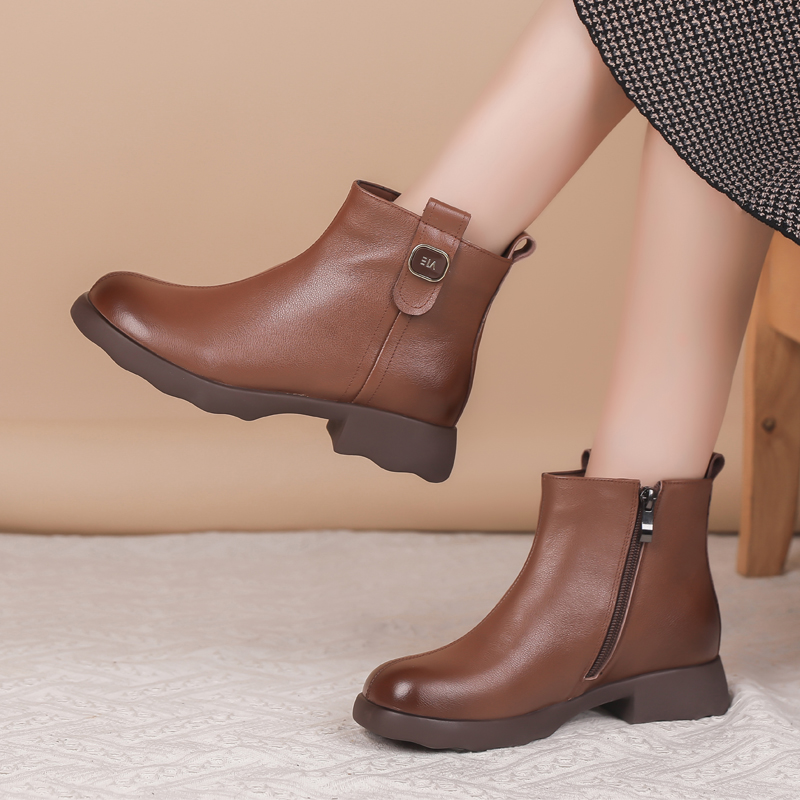 真皮妈妈鞋软底加绒加厚羊毛短靴