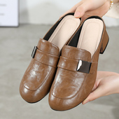 一脚蹬半拖单鞋 夏季 真皮软底粗跟凉拖 女外穿2024新款 真皮包头拖鞋