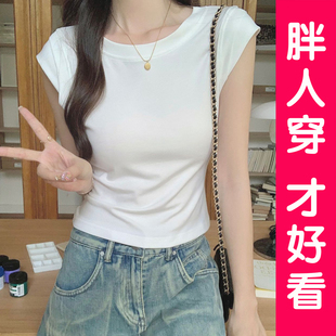 胖MM圆领正肩t恤女装 新款 大码 夏季 上衣 百搭显瘦辣妹无袖 显瘦短袖