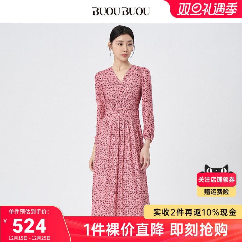 浪漫印花 抽褶细节 复古V领