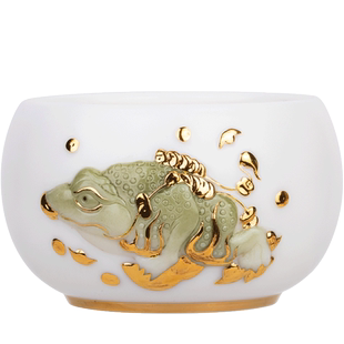 陈德根大师级羊脂白玉瓷主人杯手工手绘陶瓷金蟾献瑞茶杯个人专用