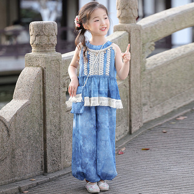 小女孩云南少数民族风服装2025新款夏装连衣裙儿 童扎染洋气套装