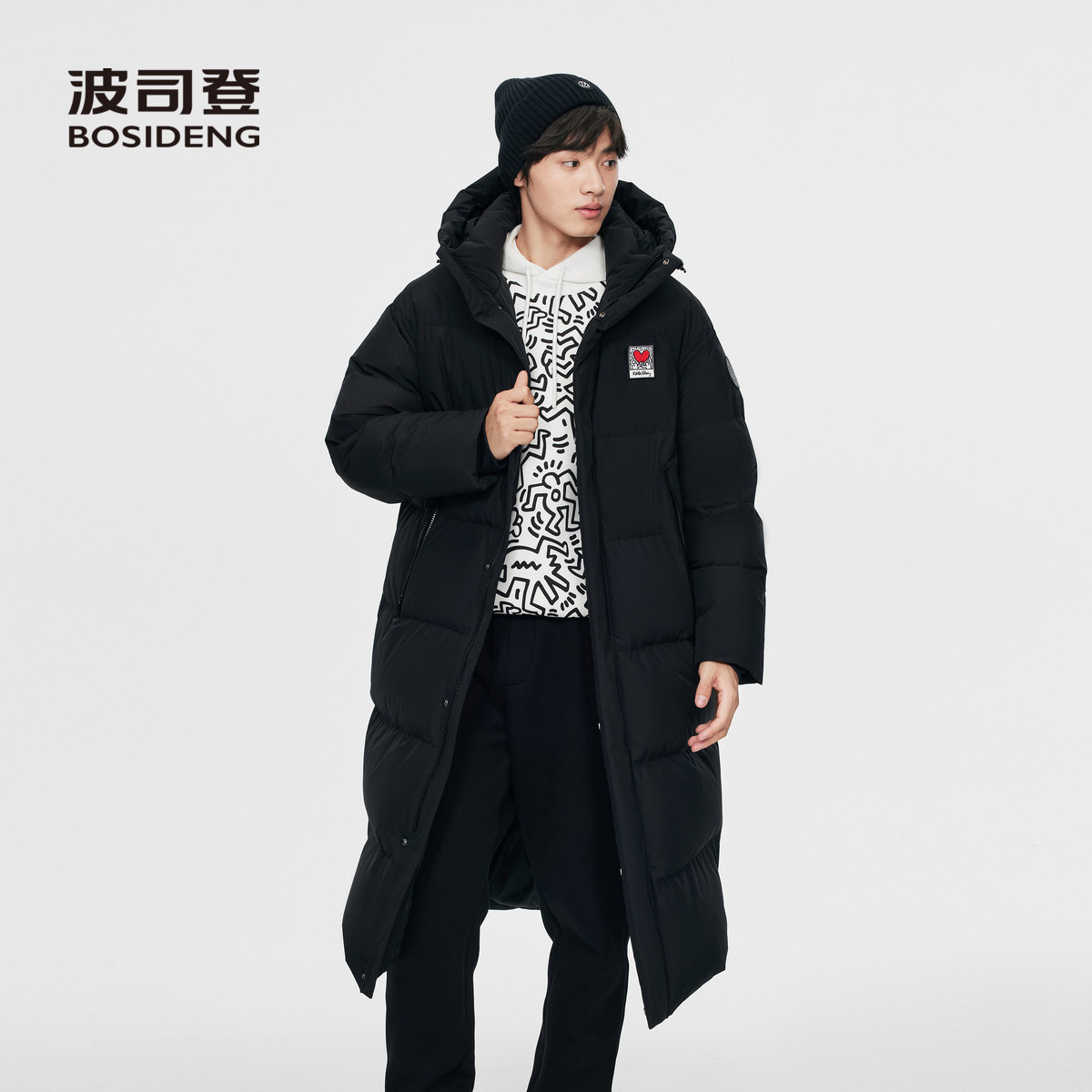 波司登冬联名长款连帽潮流时尚运动感男女同款厚羽绒服加长外套