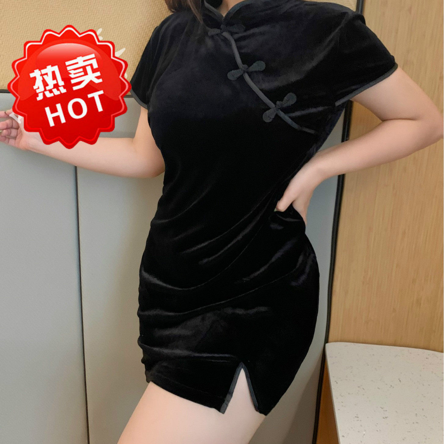 加大码胖姐加肥中国古代古典黑色连体连身性感包臀旗袍睡衣套装