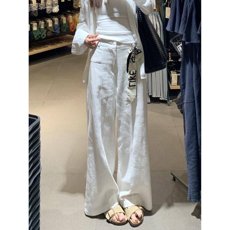白色亚麻苎麻阔腿裤女夏季薄款高腰垂感老钱风直筒棉麻西装休闲裤