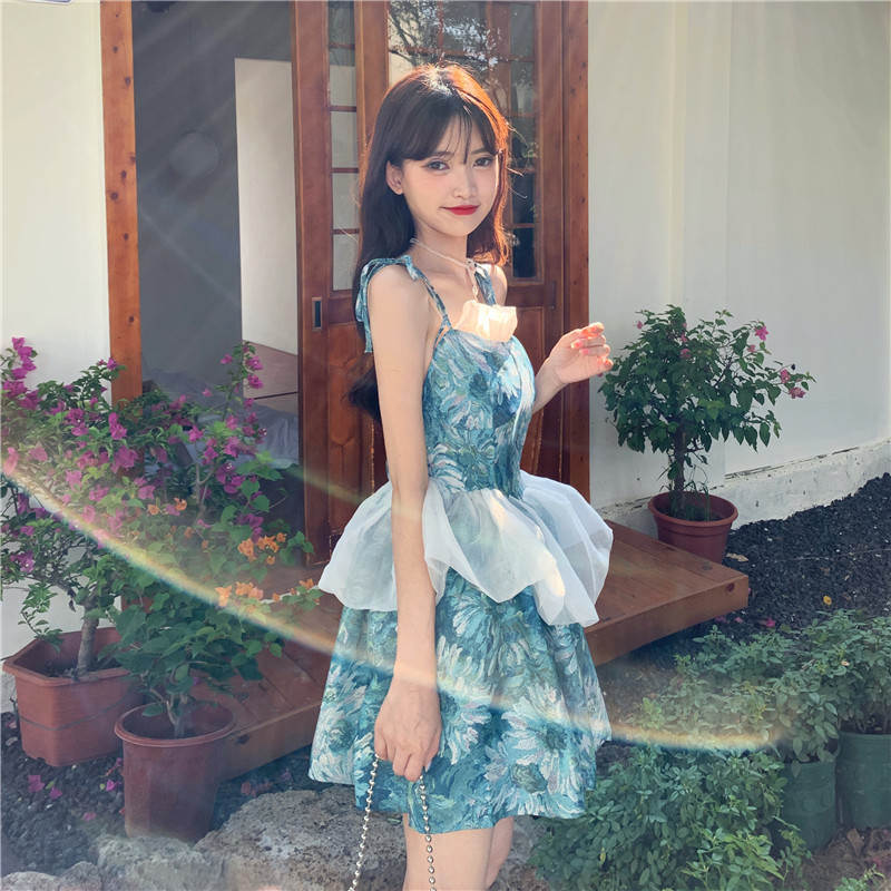Real price jacquard cloud yarn slim oil painting blue sweet shawl dress