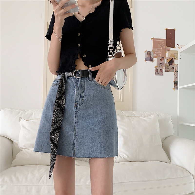 Real price 2021 new high waist denim skirt half length skirt women's slim buttock skirt with floral belt