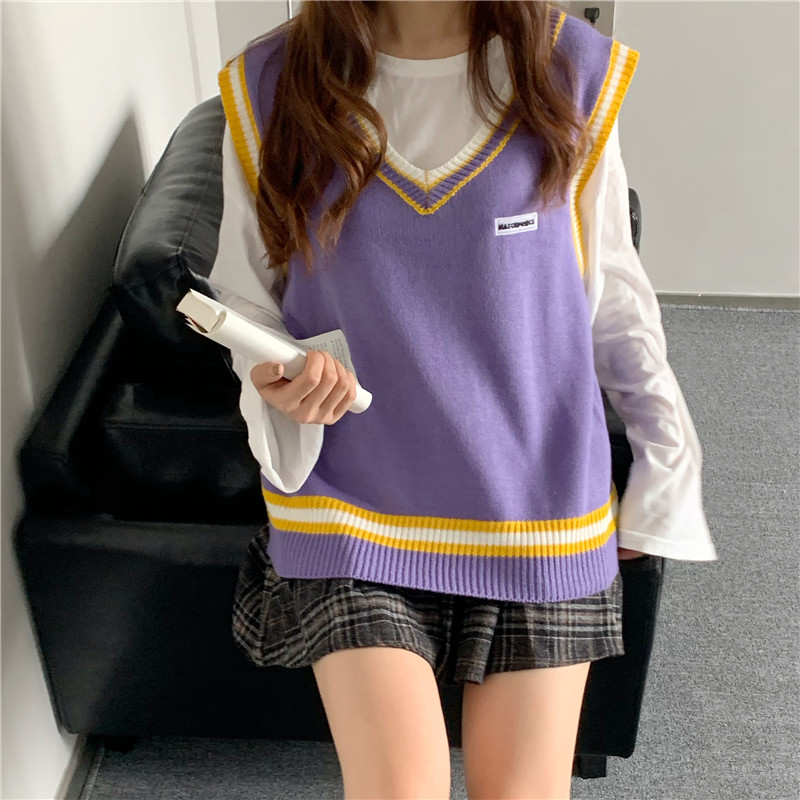 實拍實價 秋季新款韓版V領背心針織馬甲休閒寬鬆女毛衣