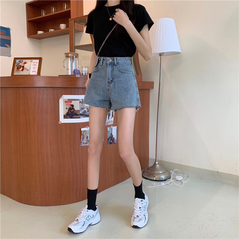 實拍實價新款高腰顯瘦毛邊字百搭小腰包牛仔短褲女