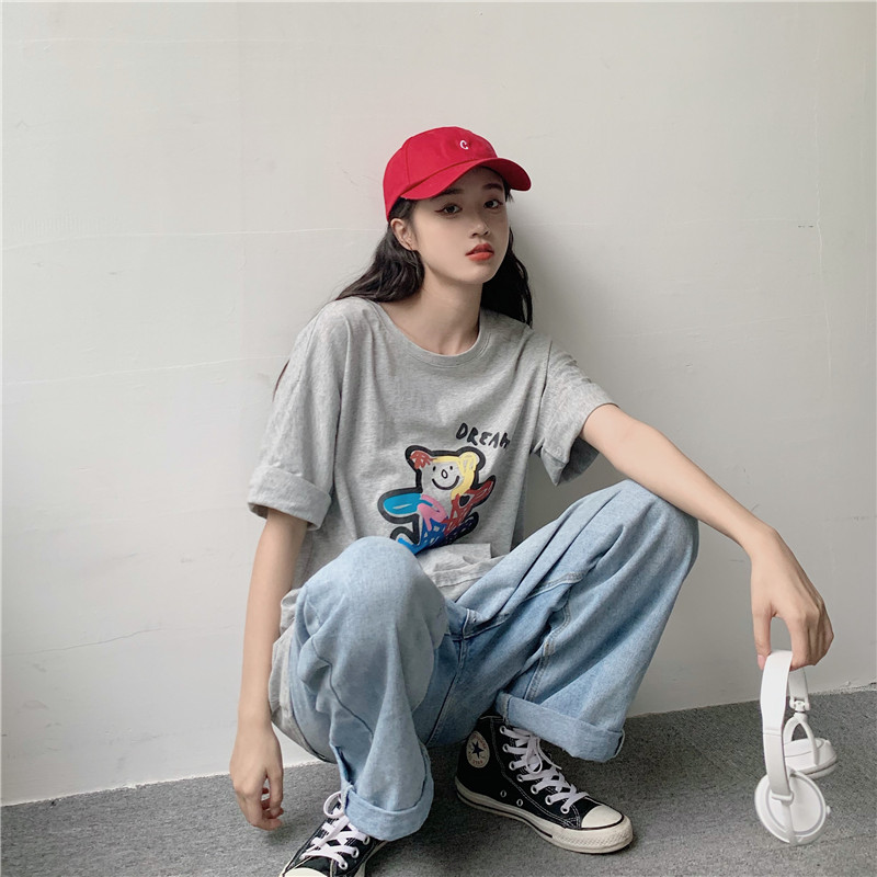 實拍實價夏裝新款彩虹小熊寬鬆半袖圓領上衣潮