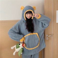 New winter hooded coral cashmere long sleeve Pajama suit women's two piece home suit