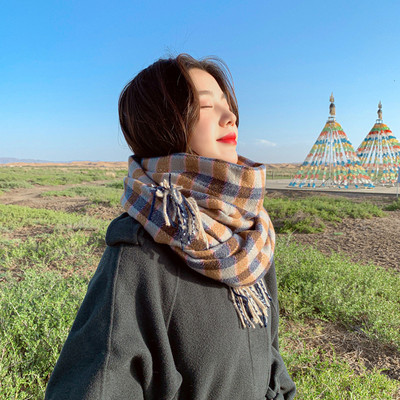 加厚双面格子两用冬季保暖长围巾