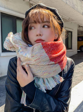 秋冬季撞色女士两用仿羊绒围巾