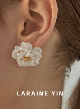 LARAINE YIN山茶花花朵耳钉法式复古小香风手工串珠耳饰编织耳环