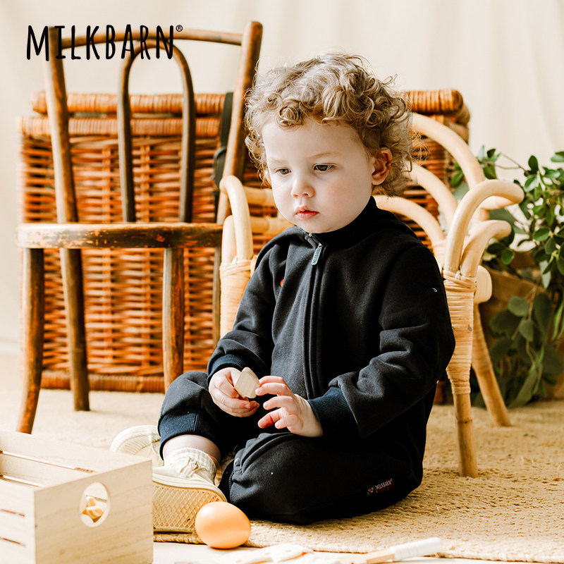 Milkbarn秋冬新品婴儿加绒连体衣服宝宝连帽哈衣婴幼儿爬爬服