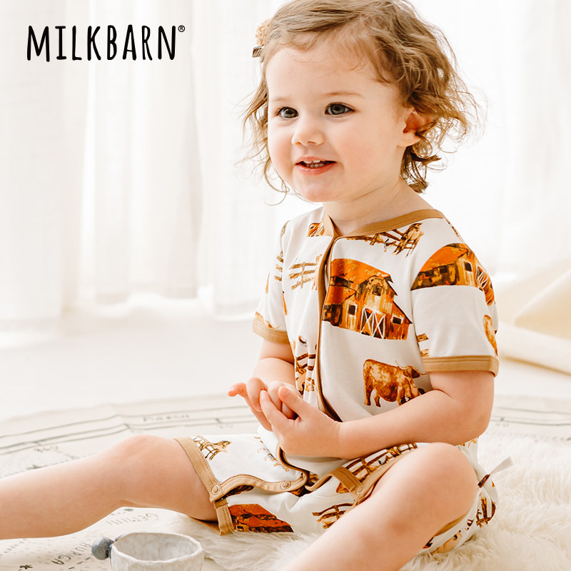 Milkbarn婴儿短袖短裤连体服新生儿春夏哈衣爬服宝宝纯棉睡衣