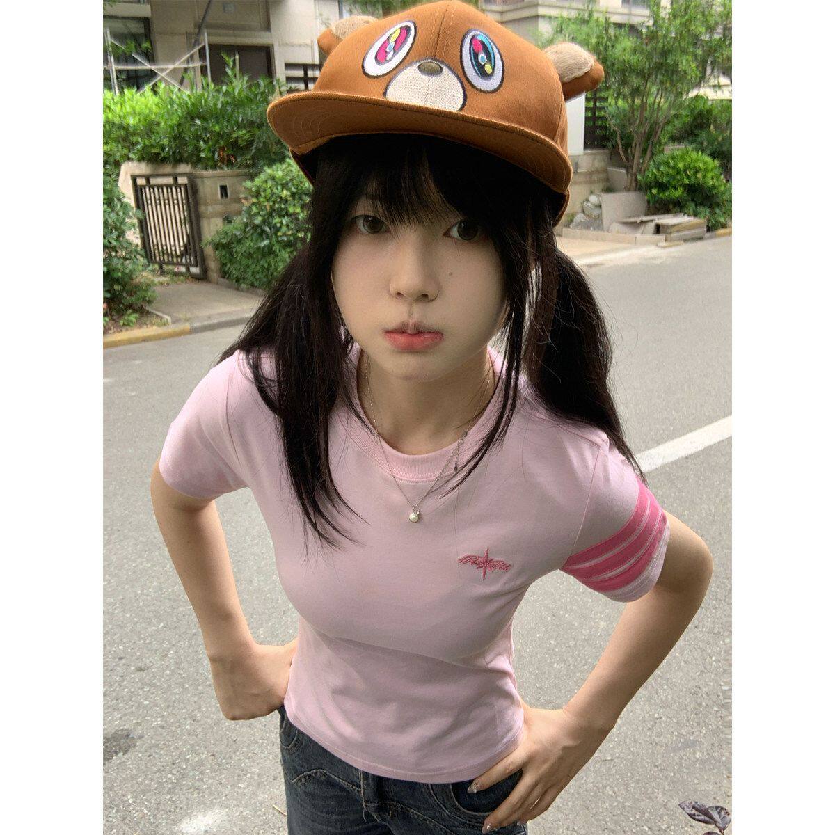 夏季粉色条纹短袖显瘦T恤女
