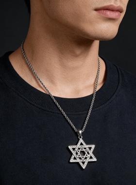 钛钢镀金满钻六芒星男款项链