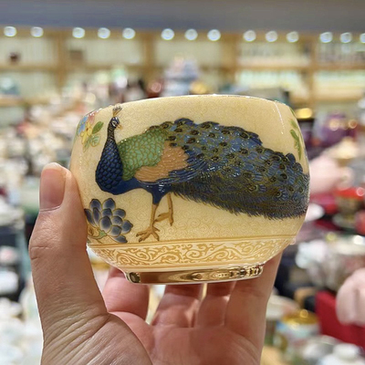 珐琅彩金丝孔雀羊脂玉瓷陶瓷主人杯大容量罗汉杯个人专用品茗茶杯