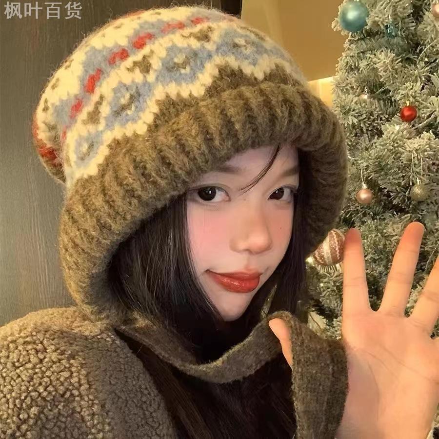 费尔岛风针织帽女复古两用