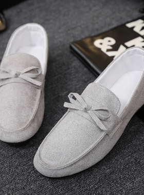 冬季反绒皮豆豆鞋男一脚蹬懒人鞋软底乐福鞋红色金属扣l休闲男鞋