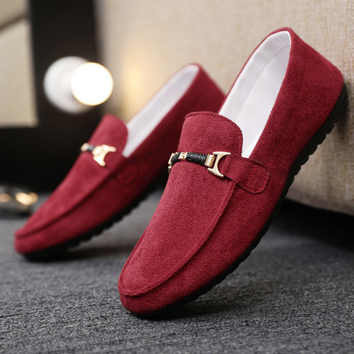冬季反绒皮豆豆鞋男一脚蹬懒人鞋软底乐福鞋红色金属扣l休闲男鞋