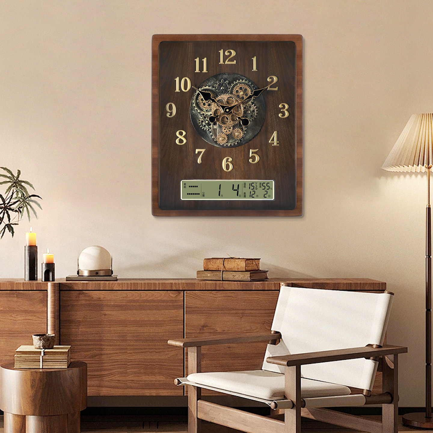 新中式复古实木挂钟客厅装饰时钟仿机械表盘电子日历家用挂墙钟表