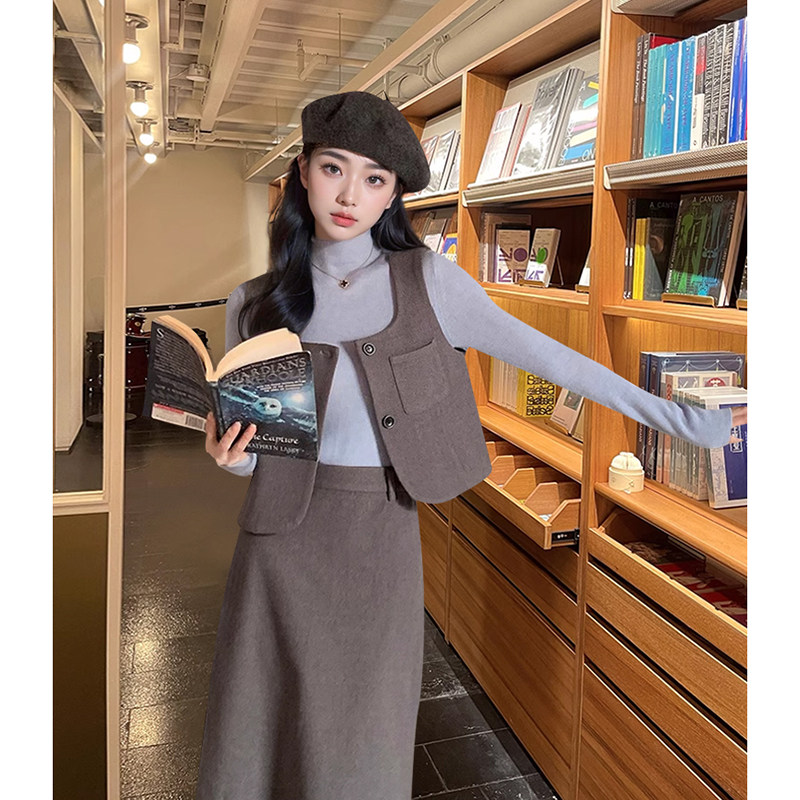 欧尼套装~新款冬季毛呢韩系马甲半裙打底衫气质淑女百搭三件套